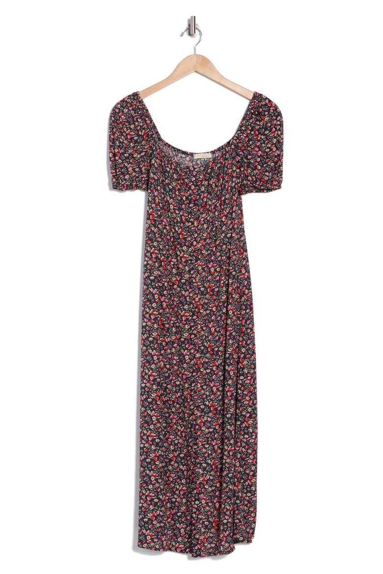 Puff Sleeve Midi Dress, Alternate, color, BLACK/ FUCHSIA