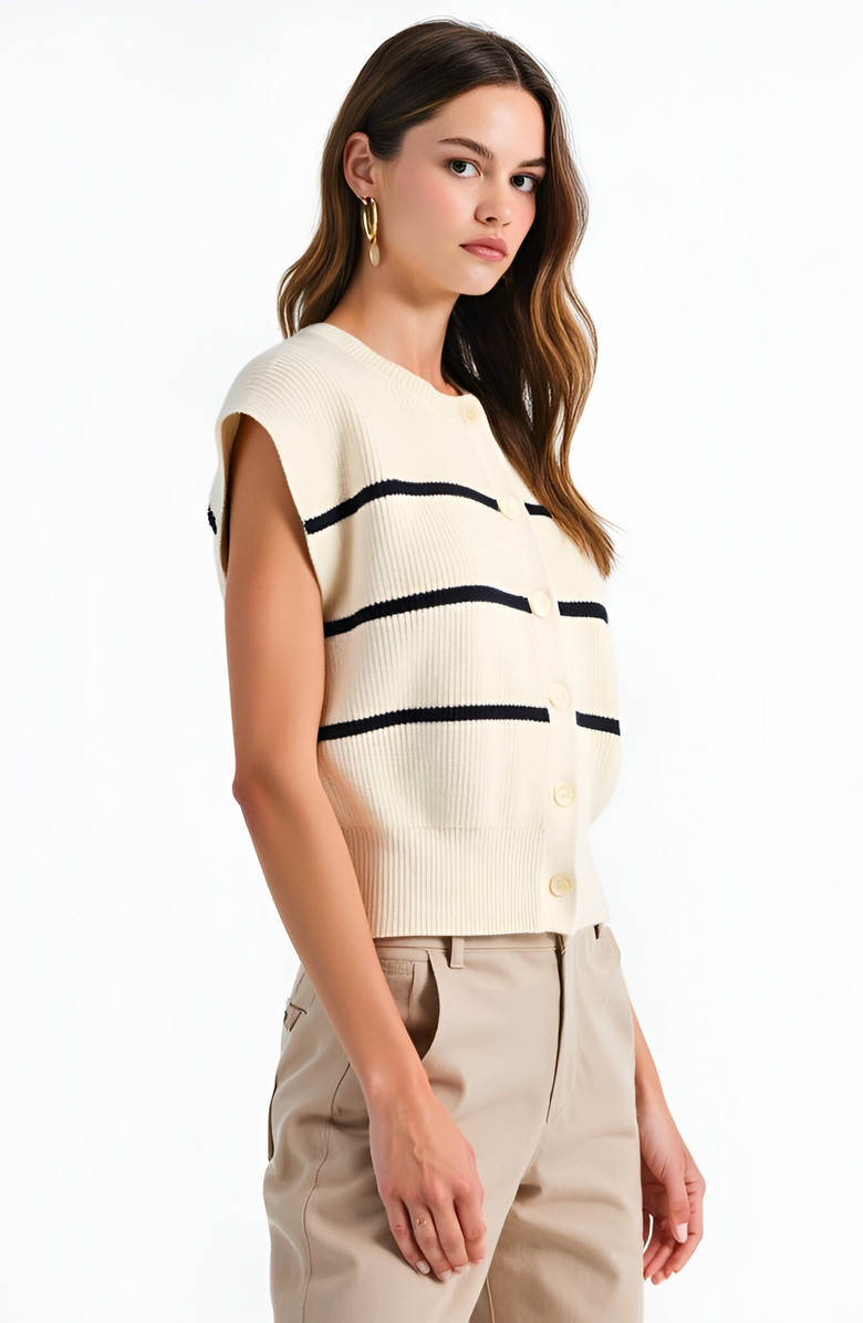 Modenaire Sleeveless Ribbed Knit Cardigan Top with Horizontal Stripe Detail, Alternate, color, 