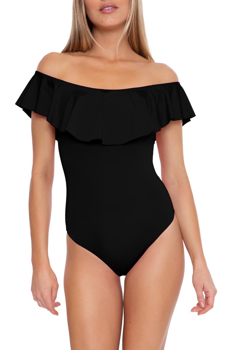 Trina Turk Monaco Off the Shoulder Ruffle One-Piece Swimsuit, Main, color, Black