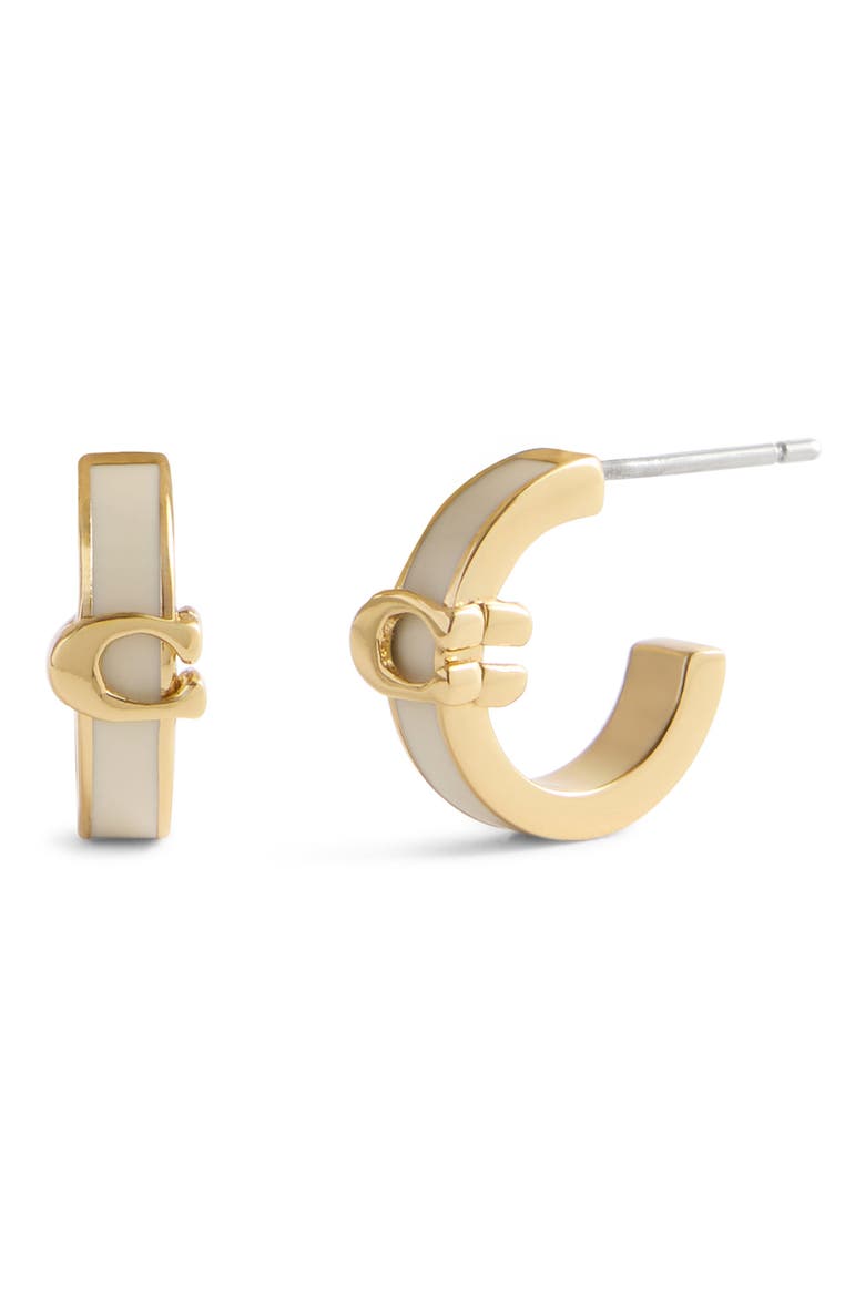 Signature C Enamel Huggie Hoop Earrings, Main, color, WHITE/ GOLD