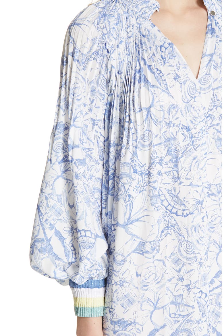 Isa Toile Print Ribbed Cuff Midi Dress, Alternate, color, WHITE/ BLUE MULTI