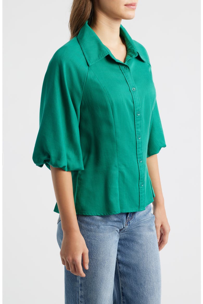 Bubble Sleeve Flare Button-Up Chambray Top, Alternate, color, LAKE GREEN