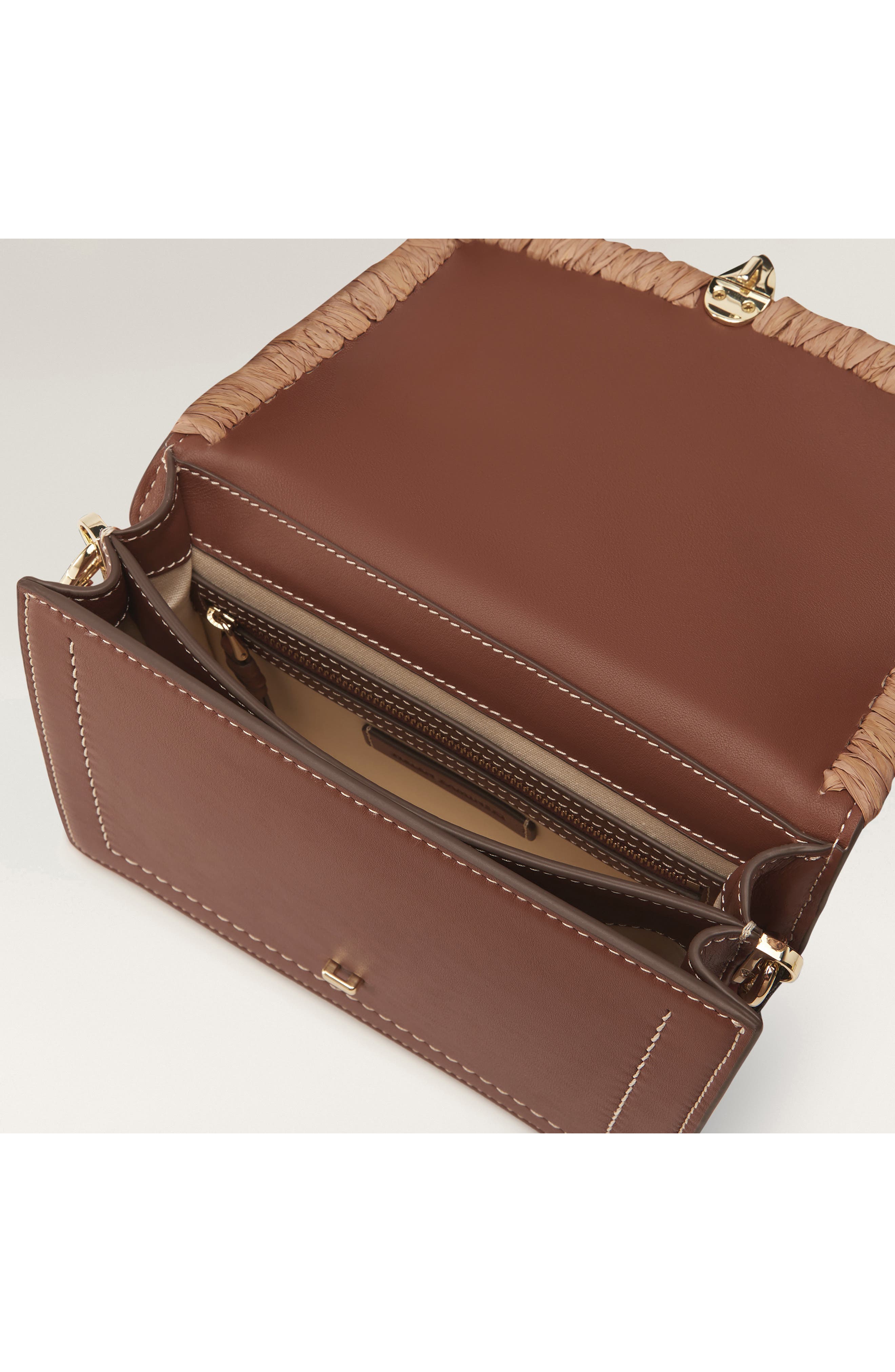 Dauphine Raffia Trim Leather Crossbody Bag, Alternate, color, CUOIO/ NOUGAT