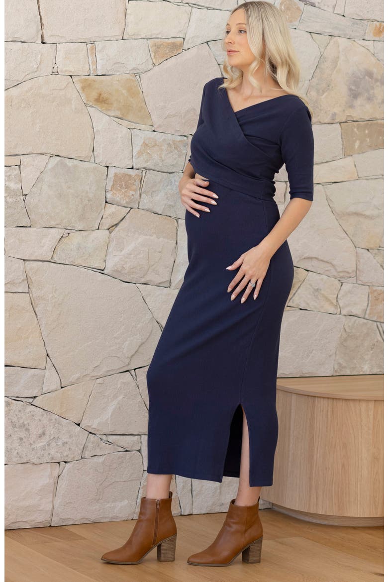 Two-Piece Maternity/Nursing Crop Top & Midi Skirt Set, Alternate, color, NAVY