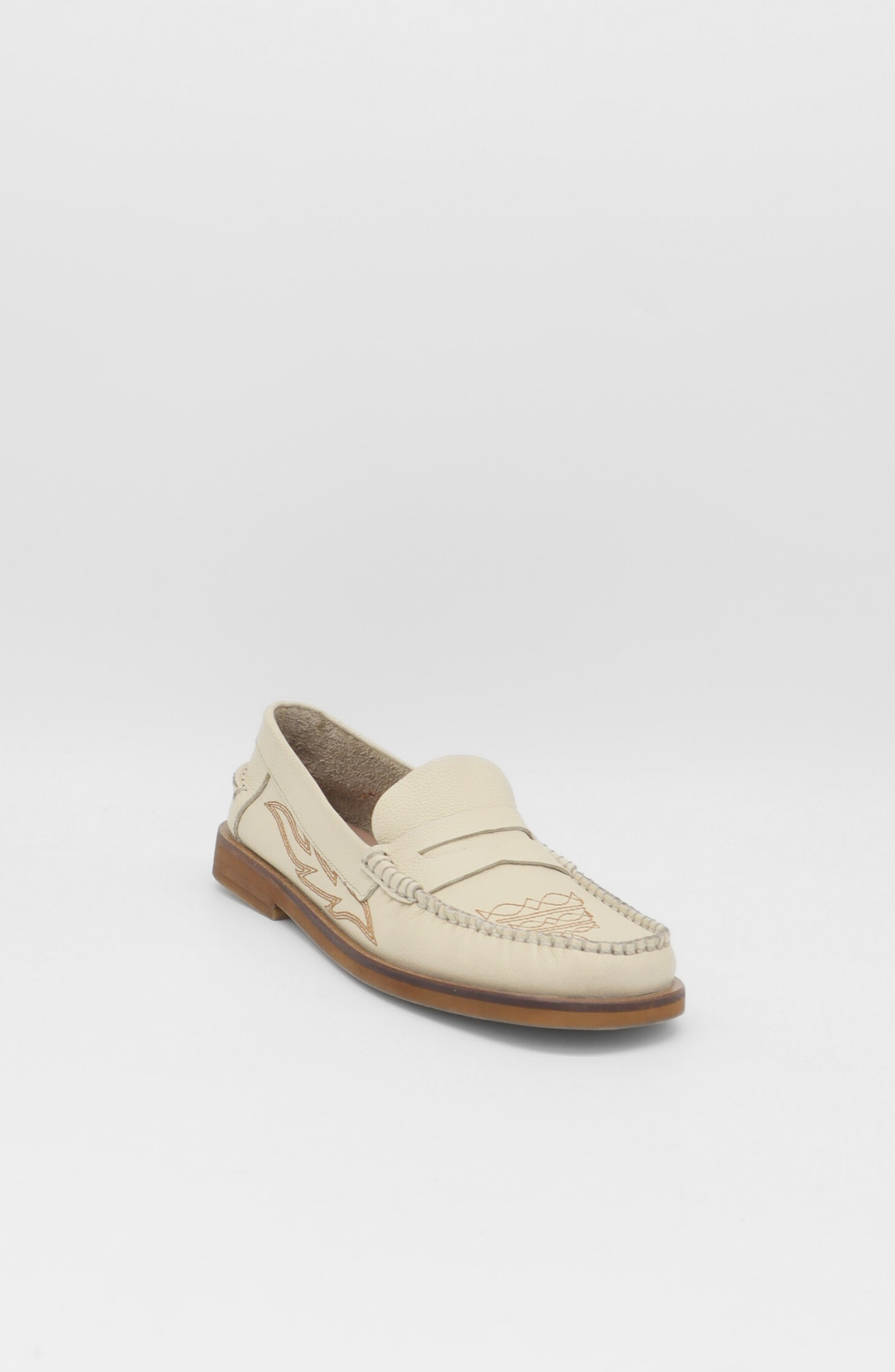 Baldanza Leather Western Embroidery Penny Loafers, Main, color, Ivory