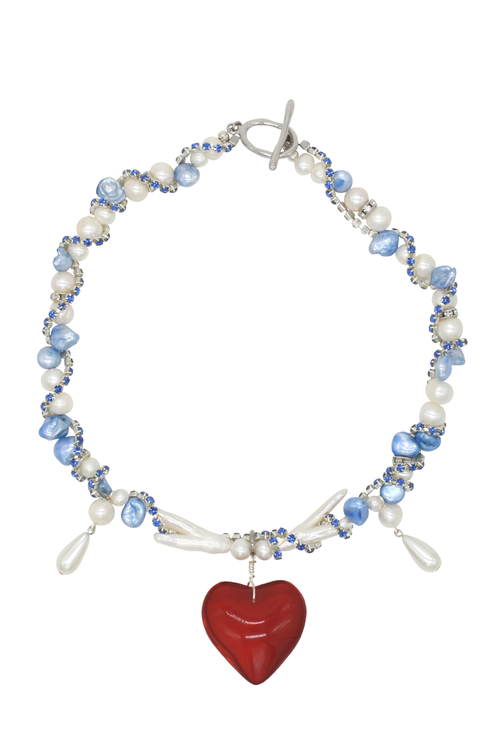 Velvet Luna Pearl Necklace With Heart Charm In Multi