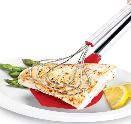 Cuisipro 13 Inch Fish Tongs Stainless Steel Silicone Locking Long Seafood In Red