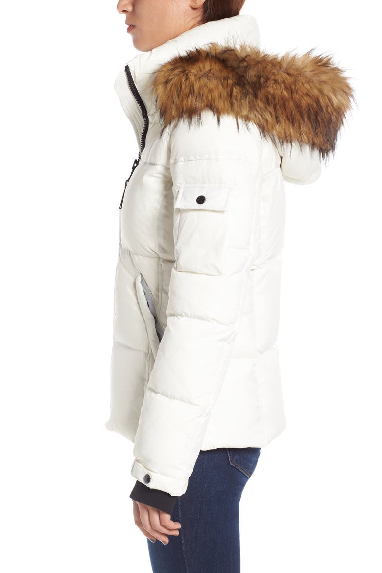 S13/NYC Kylie Faux Fur Trim Gloss Puffer Jacket, Alternate, color, WHITE/ NATURAL