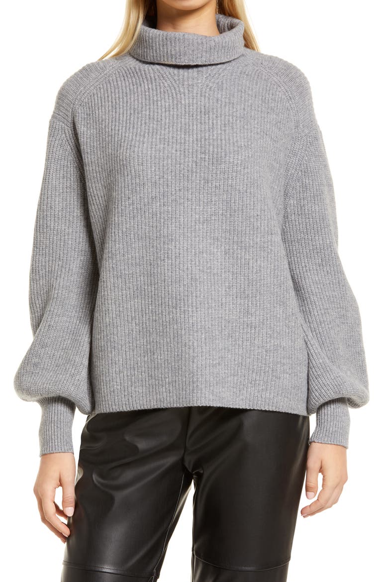 Puff Sleeve Wool & Cashmere Turtleneck Sweater, Main, color, GREY HEATHER