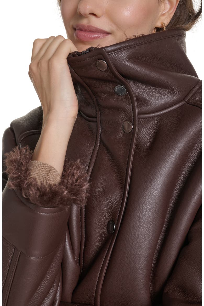 Faux Leather Cropped Jacket with Faux Shearling Lining, Alternate, color, BROWN