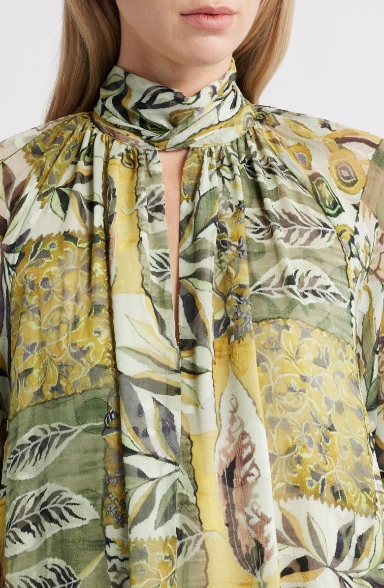 MELLODAY Botanical Tie-Neck Maxi Dress, Alternate, color, Green Multi Abstract