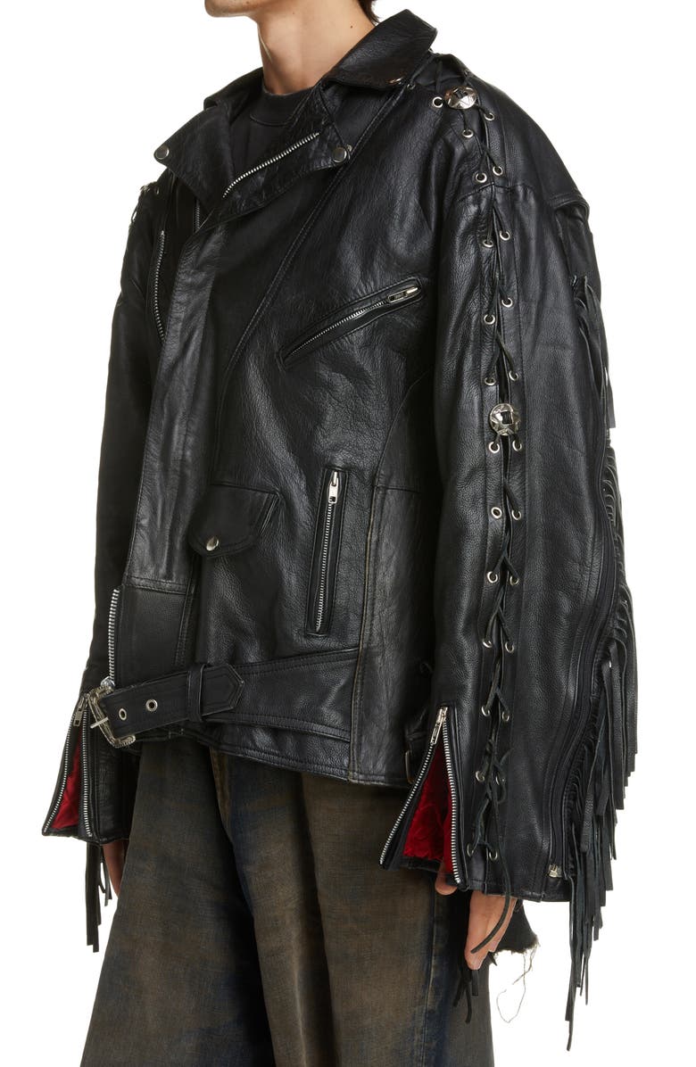Balenciaga Fringe Detail Leather Biker Jacket, Alternate, color, 