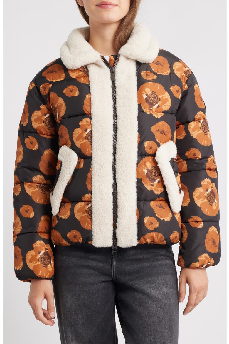 Sugar Water Resistant Floral Puffer Jacket with High Pile Fleece Trim, Main, color, MACRO BEIGE/BROWN FLOWERS