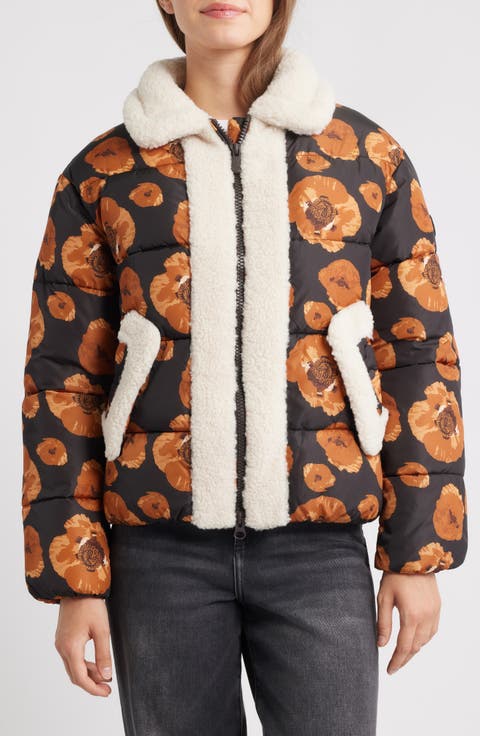 Sugar Water Resistant Floral Puffer Jacket with High Pile Fleece Trim