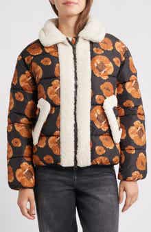 Save The Duck Sugar Water Resistant Floral Puffer Jacket with High Pile Fleece Trim