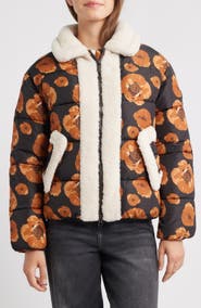 Save The Duck Sugar Water Resistant Floral Puffer Jacket with High Pile Fleece Trim