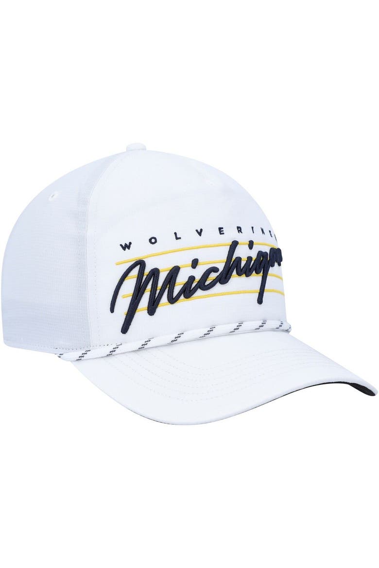 Men's '47  White Michigan Wolverines Downburst Hitch Trucker Snapback Hat, Alternate, color, White