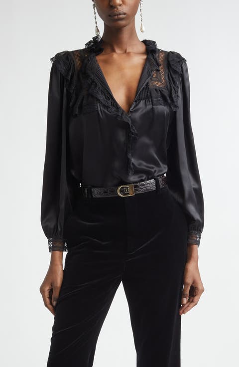 Lace Trim Silk Charmeuse Top