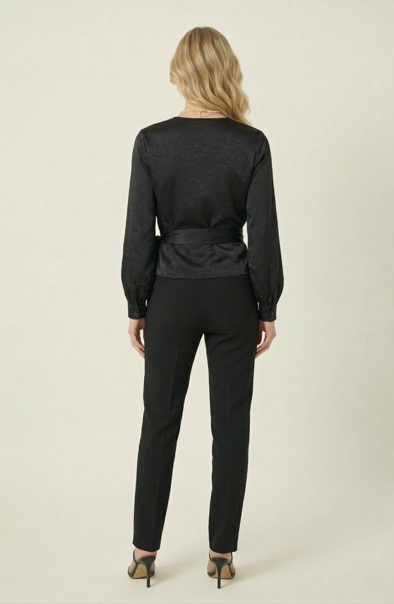 Modenaire Lace Trim V-Neck Wrap Blouse, Alternate, color, Black