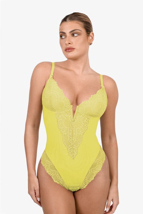 Popilush Shapewear Lace Deep V-neck Sculpting Thong Bodysuit In Lemon