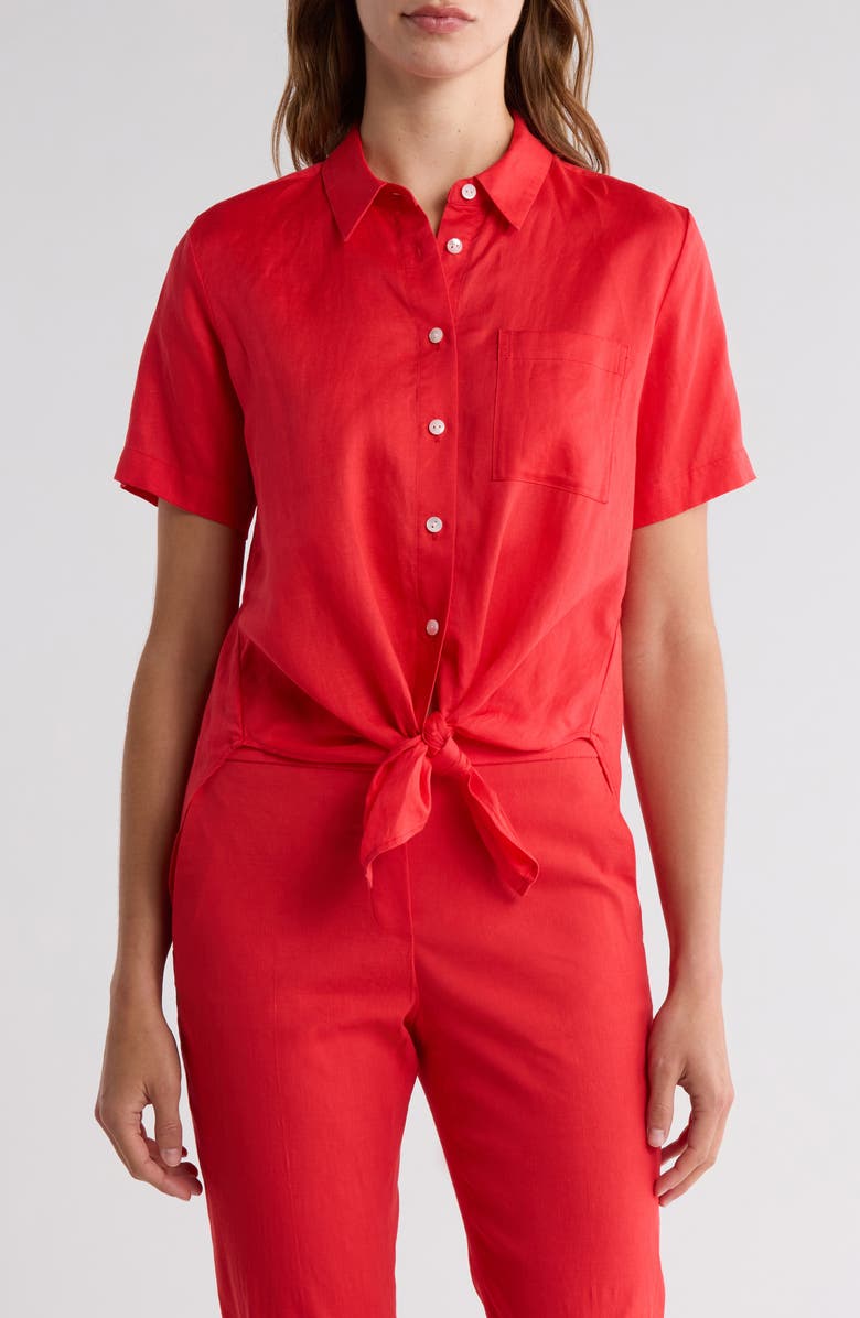 Theory Hekanina Linen Blend Button-Up Shirt, Main, color, Poppy