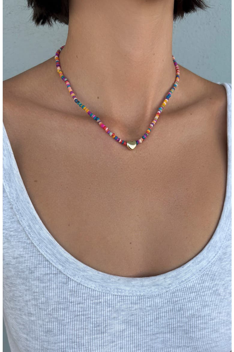 Mixed Beads Heart Pendant Necklace, Alternate, color, GOLD