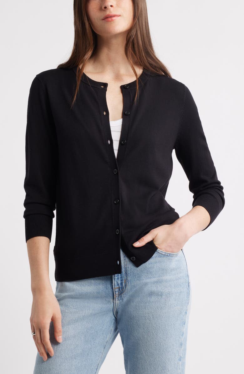 Caslon<sup>®</sup> Crewneck Cardigan, Main, color, Black