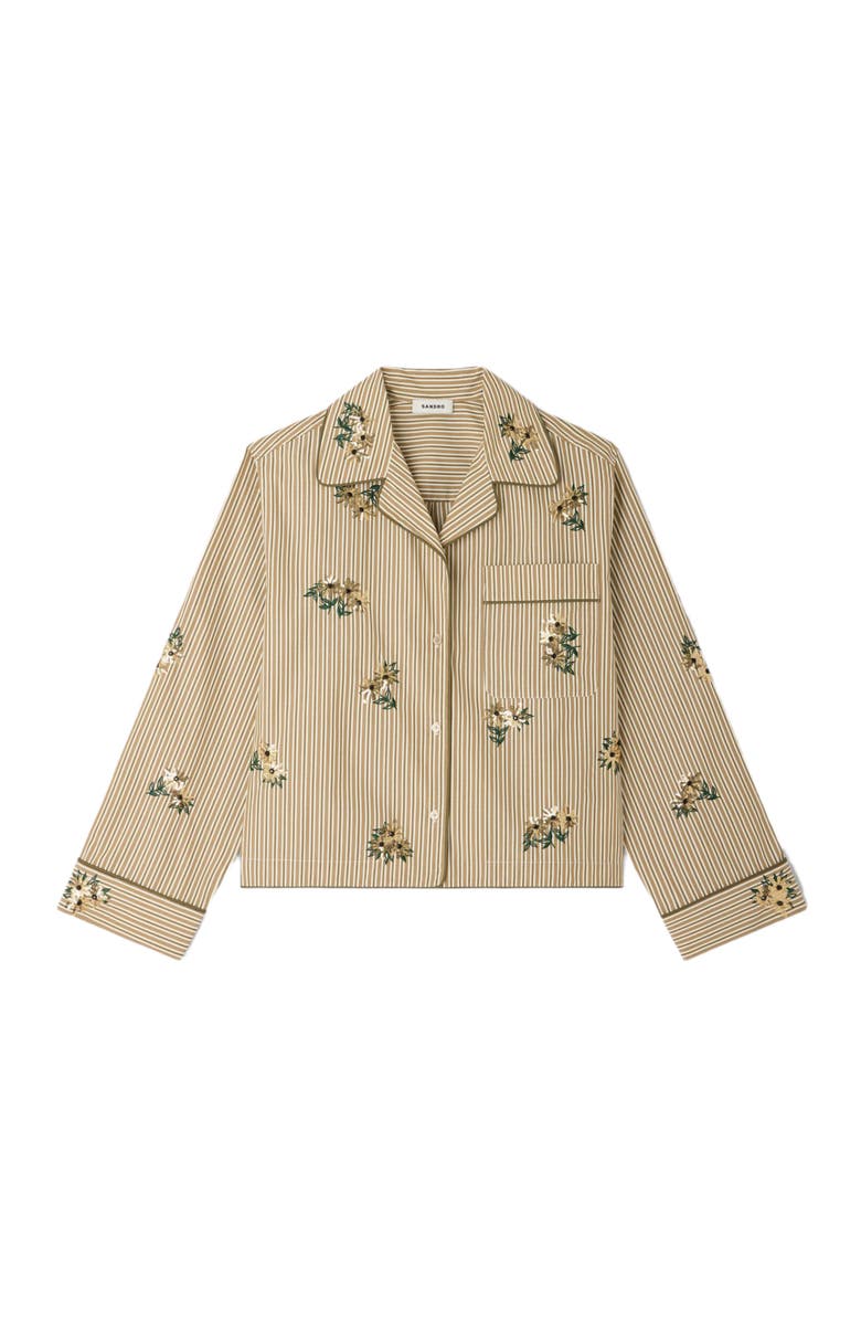 SANDRO Striped shirt, floral embroidery, Alternate, color, Olive Green