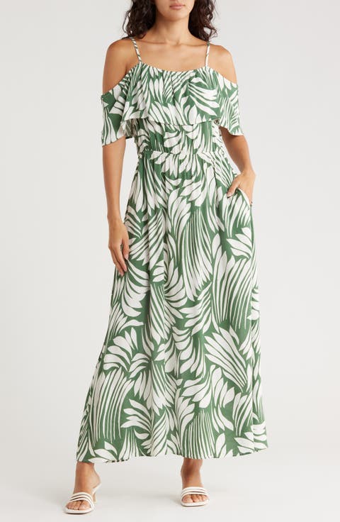 Fan Print Cold Shoulder Maxi Dress