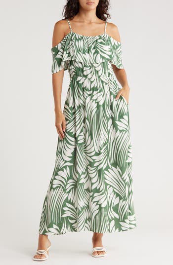 Area Stars Fan Print Cold Shoulder Maxi Dress In Green