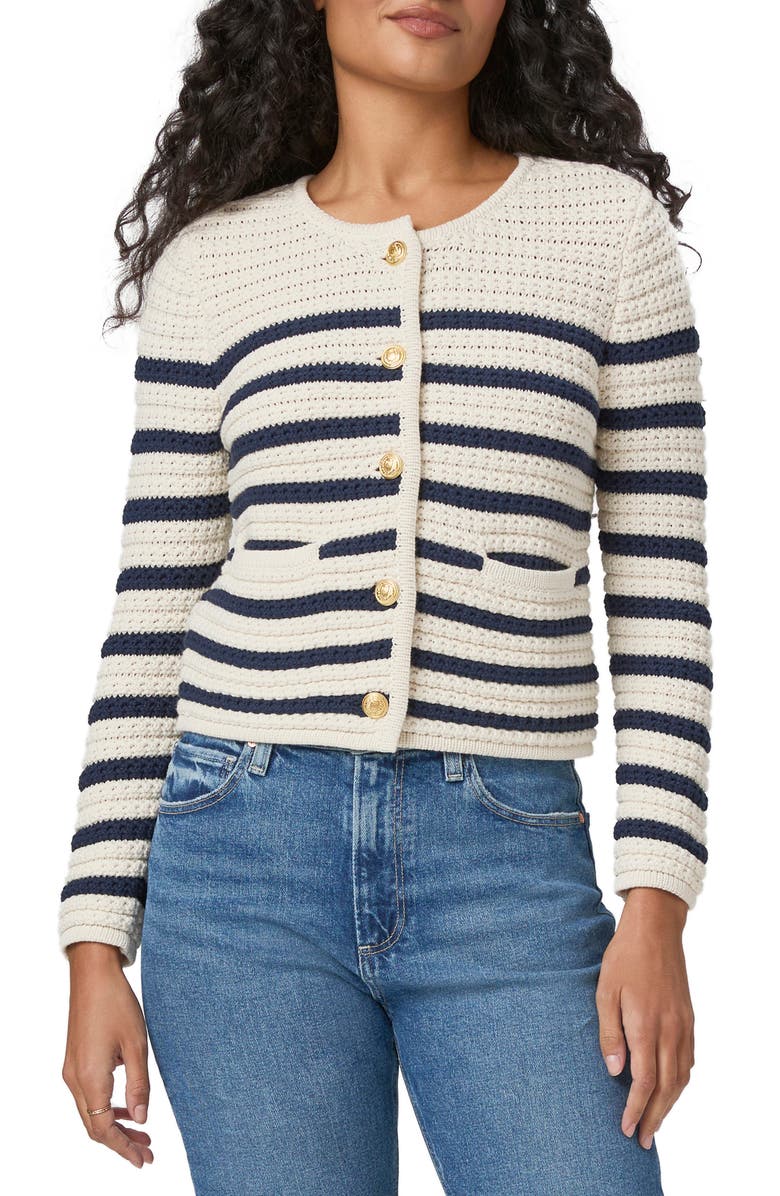 PAIGE Oberon Stripe Cotton Blend Cardigan, Main, color, Ivory/ Dark Ink Blue