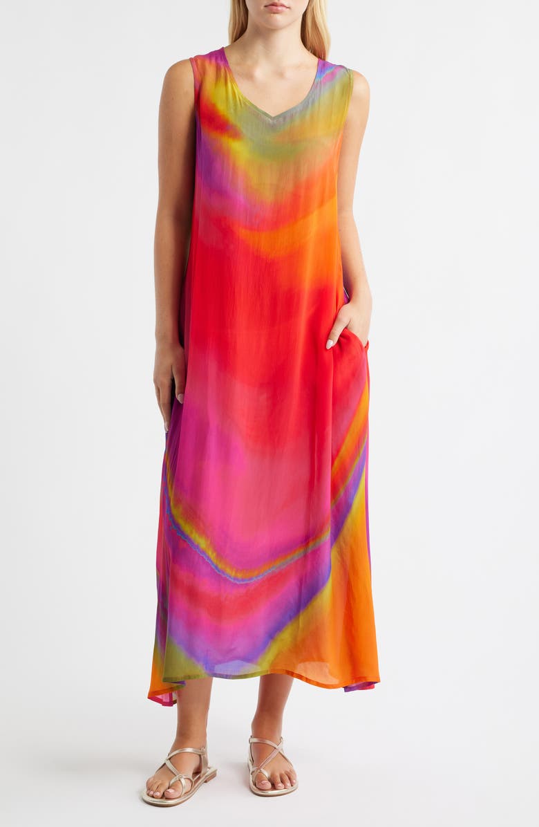 APNY Print V-Neck Sleeveless Chiffon Midi Dress, Main, color, Orange Multi