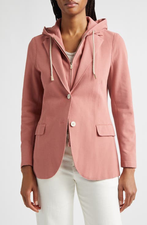 Laser Cut Cotton Blend Knit Jacket with Hooded Zip Inset