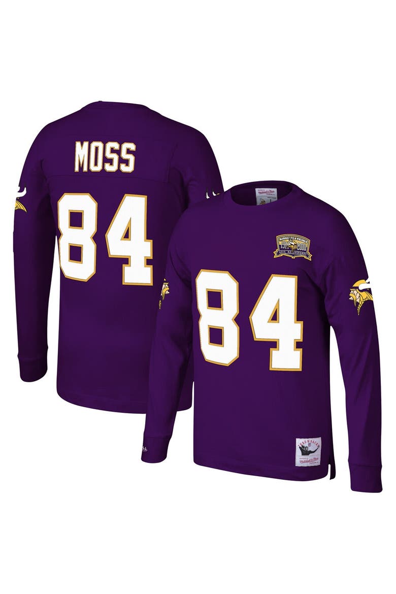 Men's Mitchell & Ness Randy Moss Purple Minnesota Vikings Big & Tall Retired Player Name & Number Long Sleeve Top, Main, color, Purple
