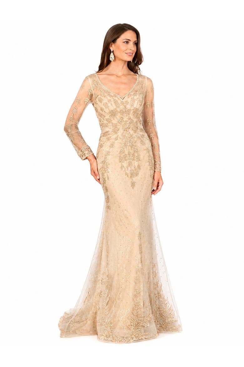 Beaded Faux-Wrap V-Neck Bridal Gown, Alternate, color, Champagne