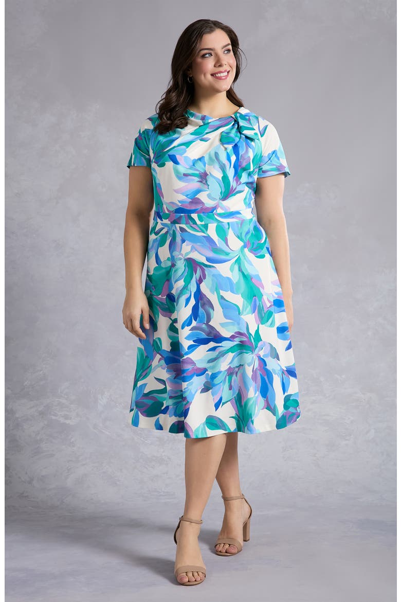 Tie Neck Fit & Flare Midi Dress, Alternate, color, IVORY/ BLUE