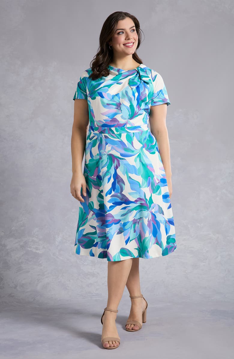 London Times Tie Neck Fit & Flare Midi Dress, Alternate, color, Ivory/ Blue