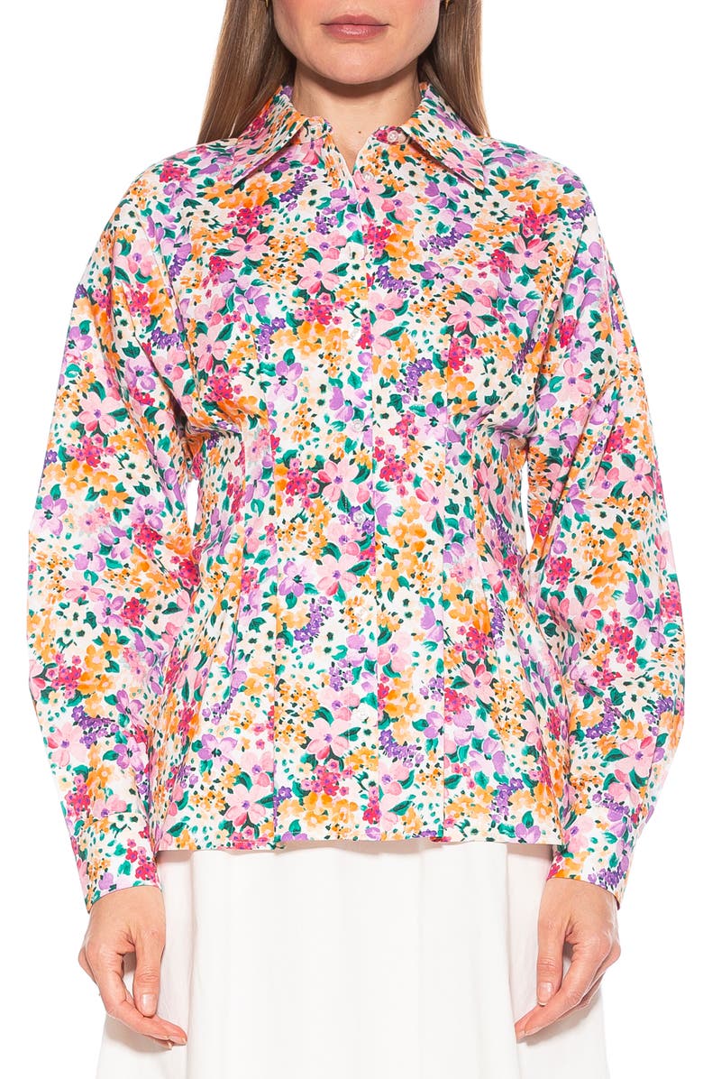 Alexia Admor Calliope Fitted Long Sleeve Button-Up Shirt, Main, color, White/ Purple Floral Multi