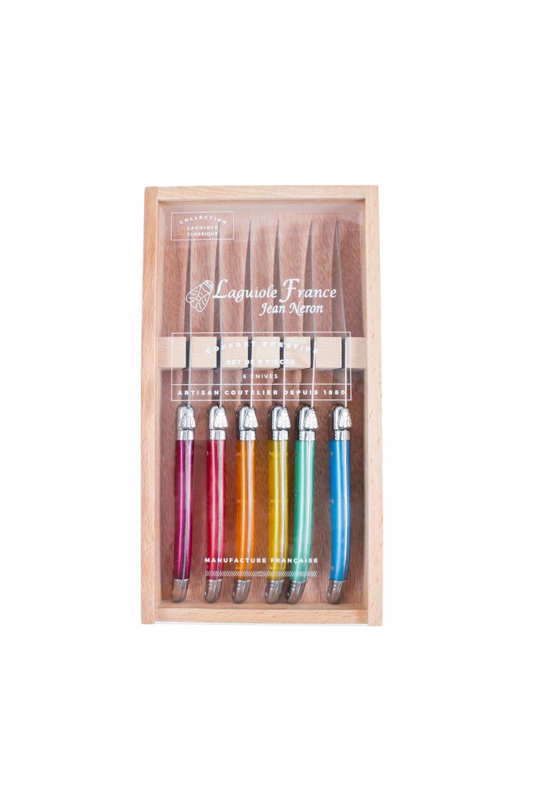 6 Piece Steak Knife Set in Wood Box with Acrylic Lid, Main, color, Rainbow
