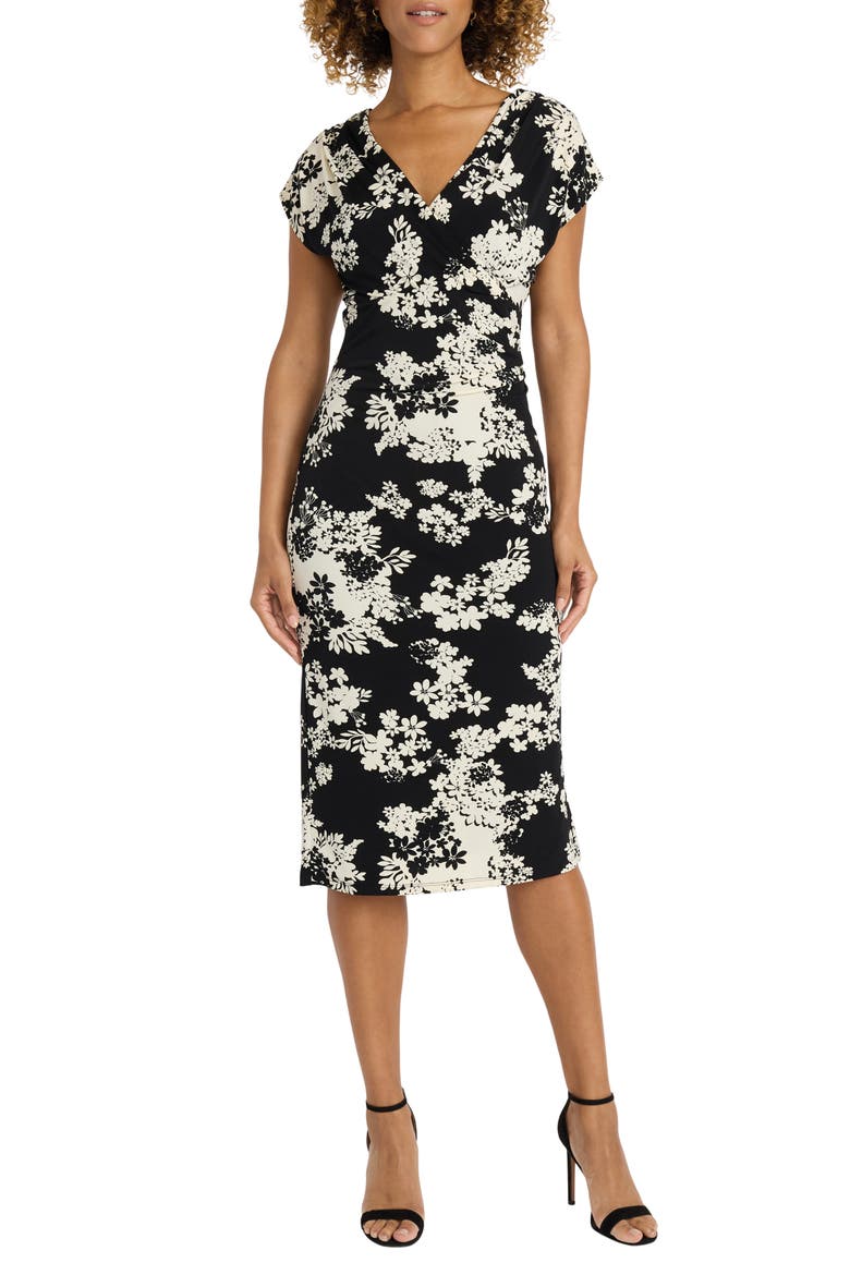 Draped Short Sleeve Midi Dress, Main, color, BLACK/ IVORY