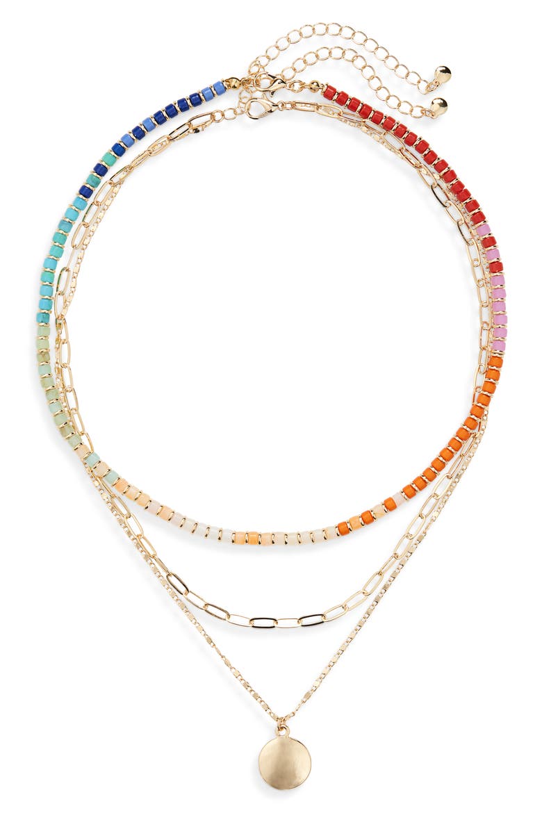Set of 2 Beaded & Disc Pendant Layered Chain Necklaces, Main, color, RAINBOW- GOLD