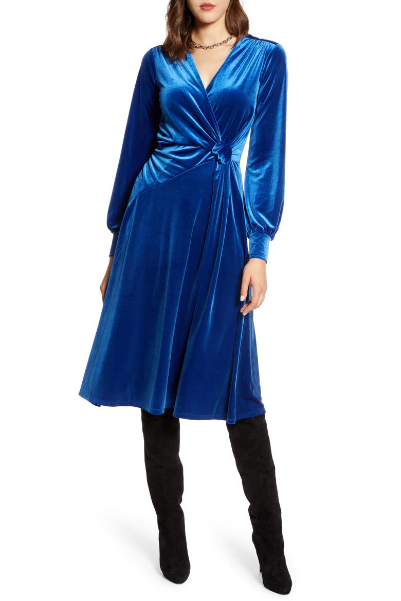 Velvet Faux Wrap Dress, Main, color, BLUE SURF