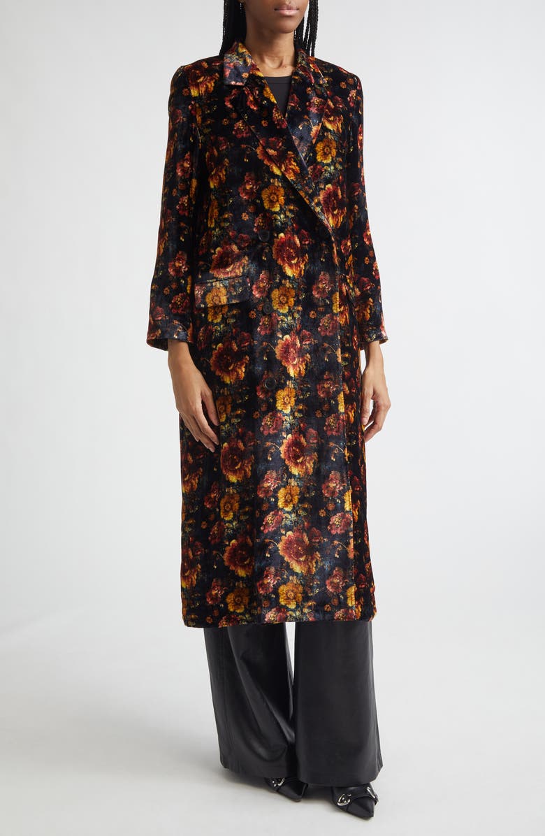 R13 Drapey Floral Double Breasted Velvet Duster Coat, Alternate, color, Orange Multi Floral