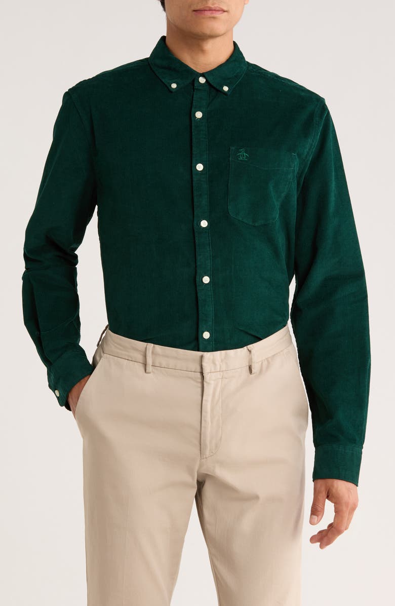 Original Penguin Solid Corduroy Button Down Shirt, Main, color, Botanical Garden