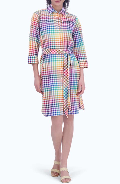 Rocca Rainbow Gingham Tie Waist Shirtdress
