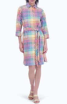 Foxcroft Rocca Rainbow Gingham Tie Waist Shirtdress