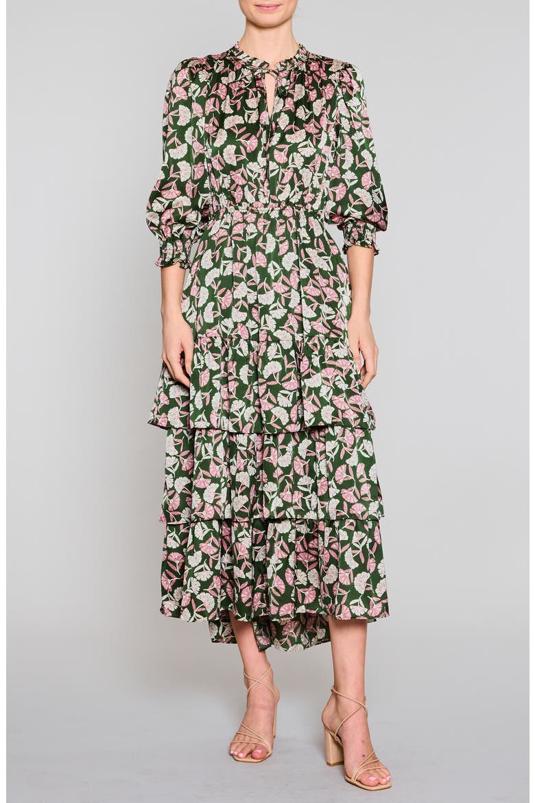 Puff Sleeve Tiered Midi Dress, Main, color, OLIVE MULTI
