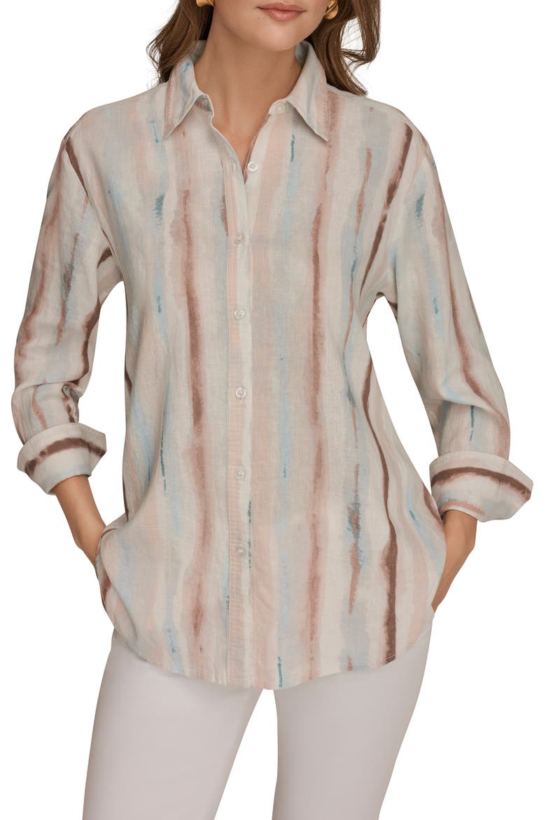 Long Sleeve Linen Blend Button-Up Shirt, Main, color, WATERCOLOR