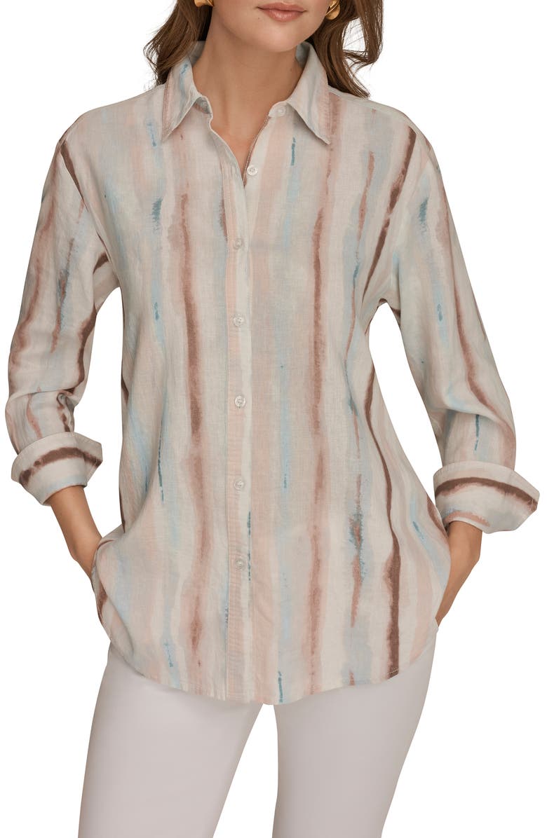 Donna Karan New York Long Sleeve Linen Blend Button-Up Shirt, Main, color, Watercolor