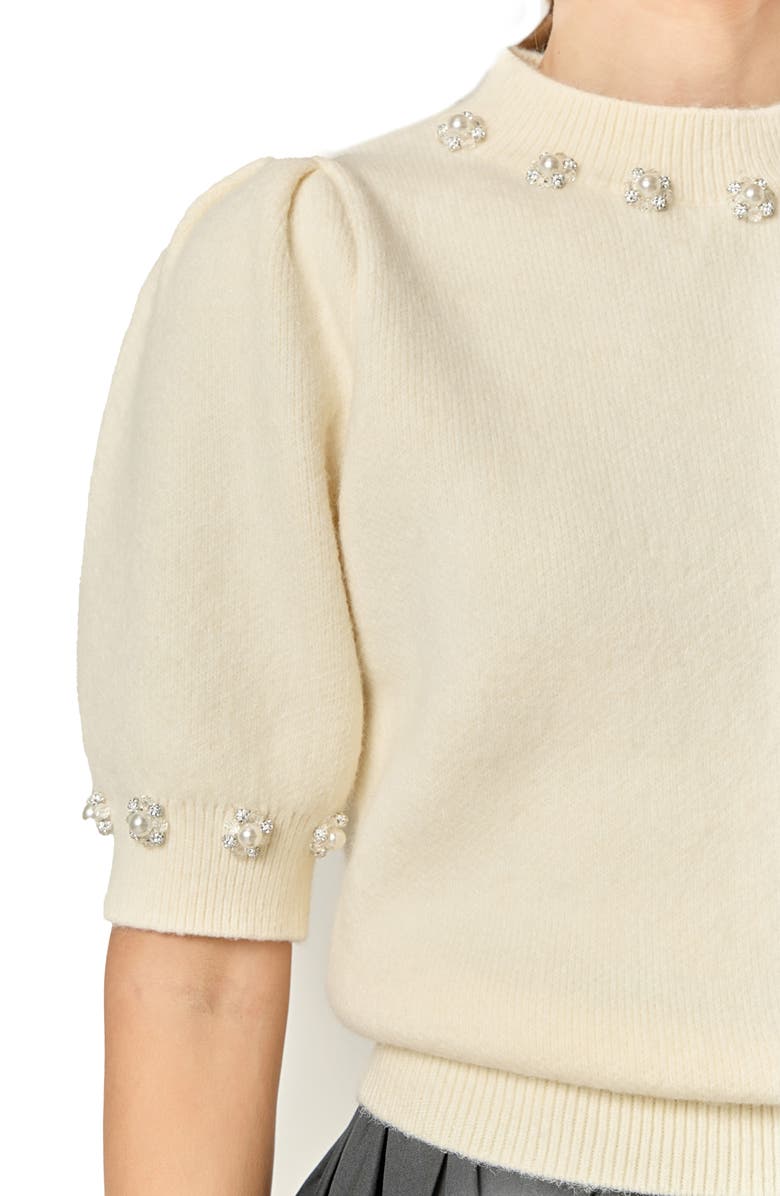 English Factory Faux Pearl Embellished Short Sleeve Sweater, Alternate, color, White